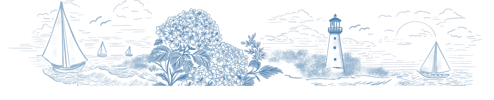 Cape Cod coastal scene with sailboats, hydrangeas, and lighthouse illustration